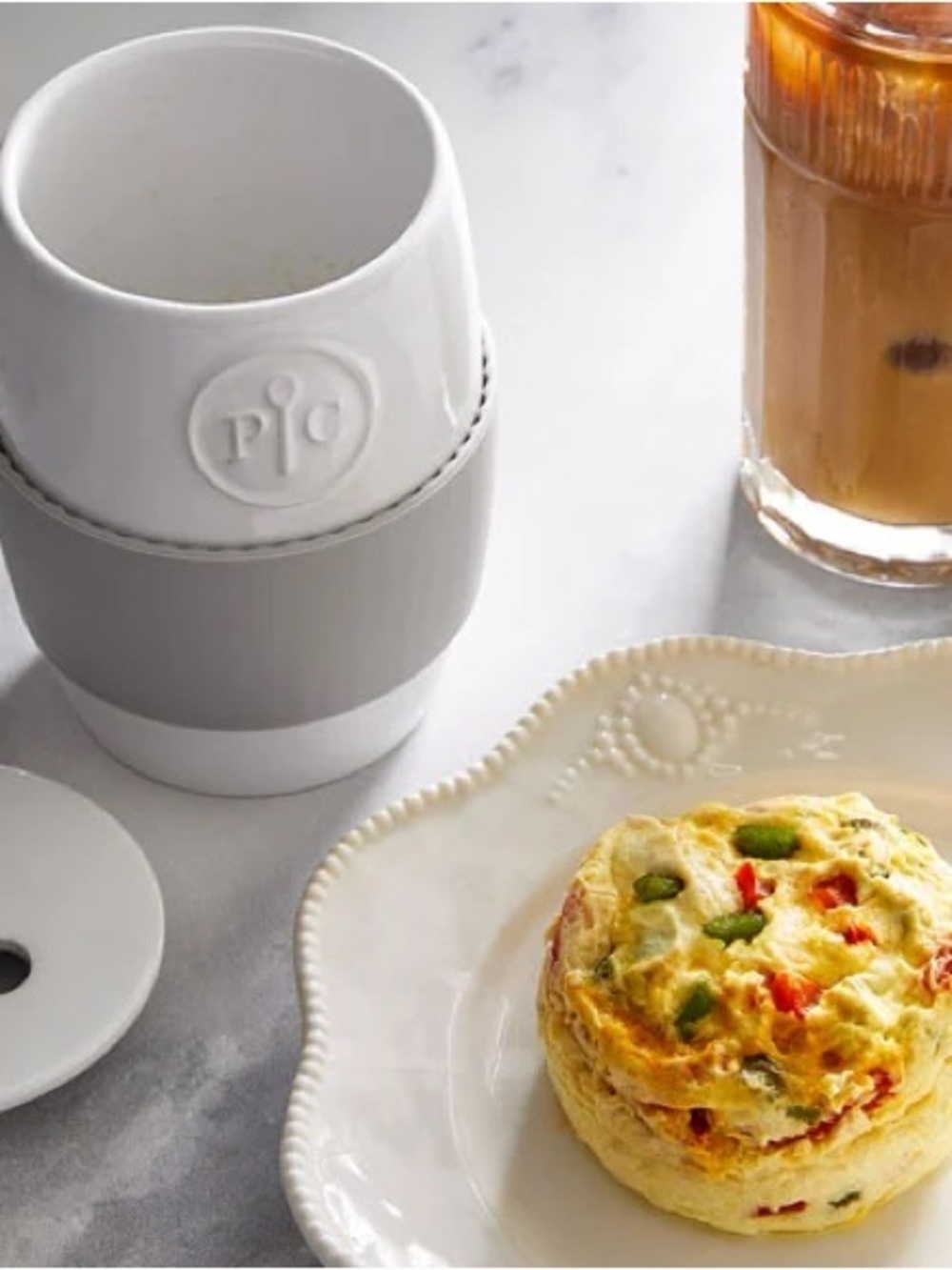 Pampered Chef White Ceramic Egg Cooker with Gray Silicone Grip